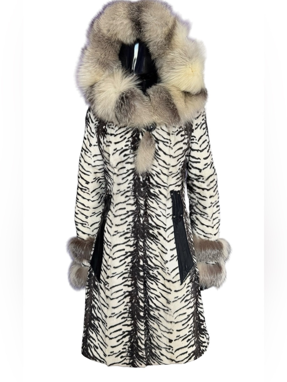 Luxury zebra print goat fur coat with golden fox collar